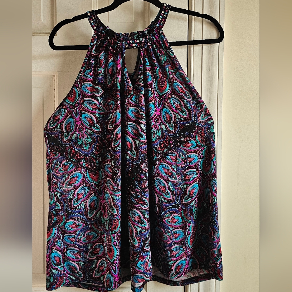 Lane Bryant High Necked Blouse in Peacock Jewel Tones Beaded Neck Size 18 20